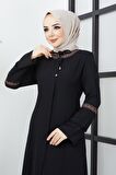 Büyük Beden Nakış İşleme Detaylı Siyah Ferace